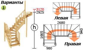 Размеры лестницы К-009м с забежными ступенями