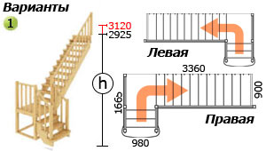 Варианты лестницы К-022м Г-образной(с поворотом 90 градусов)
