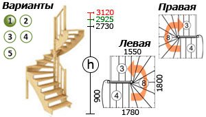 Варианты лестницы К-003м с забежными ступенями