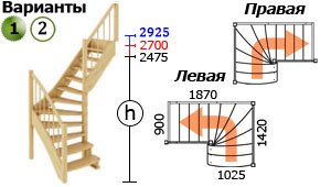 Варианты лестницы ЛС-09м Г-образной(с поворотом 90 градусов)