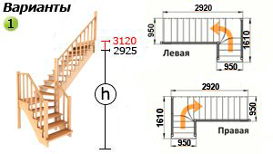 Варианты лестницы К-032м Г-образной(с поворотом 90 градусов)